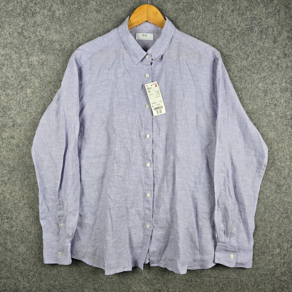 Uniqlo Premium Linen Shirt Womens Large Purple Long Sleeve Button Up NEW